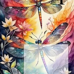 Puede incluir: Una pintura de acuarela de dos libélulas coloridas con alas intrincadas sobre un fondo de flores y follaje. Las libélulas son en tonos de azul, verde, morado y naranja. Las flores son en tonos de rosa, amarillo y blanco.