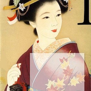 May include: A woman in a traditional Japanese kimono with a floral pattern. She is wearing a decorative hairpiece and holding a small birdcage. The number "1" is in the upper right corner of the image.