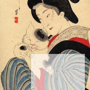 May include: A woman in a black and white kimono holds a white cat with black markings. The woman is wearing a black hat with a gold trim and a red sash. The cat is looking up at the woman. The image is in a traditional Japanese style.