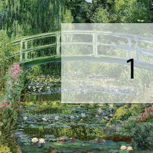 May include: A painting of a white bridge over a pond with water lilies. The pond is surrounded by green trees and bushes. The painting is titled "1".