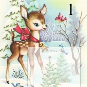 May include: A vintage illustration depicts a fawn with a red bow in a snowy winter setting. The fawn has brown fur with white spots and large eyes. Birds perch on branches and a Christmas tree. The number 1 is visible in the upper right corner.