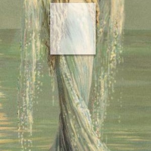 Op de afbeelding: Een vrouw met lang, golvend haar en een witte jurk staat in de oceaan. Ze draagt een kroon van bloemen en heeft haar armen boven haar hoofd geheven. Het water is lichtblauw en de lucht is lichtgroen. Het nummer 1 staat in de rechterbovenhoek van de afbeelding.