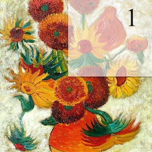 May include: A painting of a vase filled with sunflowers. The sunflowers are in various shades of yellow, orange, and red. The vase is a warm orange color with a yellow base. The background is a light cream color.