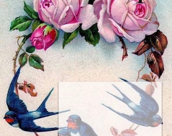 May include: A vintage-style illustration featuring two large pink roses with green leaves and buds at the top, arranged in a circular wreath shape. Three blue swallow birds with red throats are positioned along the bottom, with the number 1 visible.