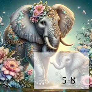 May include: A large, gray elephant with intricate gold and jewel-toned patterns and a floral crown stands with its trunk raised. A smaller, gray elephant with similar patterns stands behind the larger elephant. Both elephants are surrounded by lush green foliage and colorful flowers.