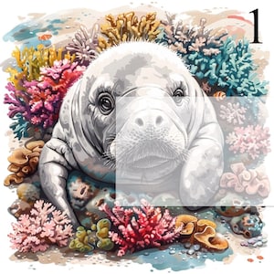 May include: A white manatee with a pink nose and whiskers is surrounded by colorful coral and sea life. The number 1 is in the top right corner of the image.