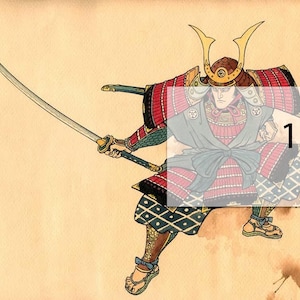 Op de afbeelding: Een samoerai-krijger in volledige bepantsering, zwaaiend met een katana-zwaard. De krijger draagt een rood-zwart gepatroneerd harnas met een gouden helm. De achtergrond is lichtbruin.