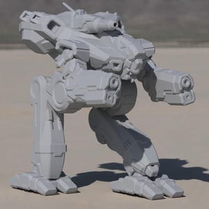 May include: A light grey unpainted plastic model of a bipedal combat robot. The figure features a central turret with a cannon, two large arm-mounted weapon systems, and thick mechanical legs with articulated joints standing on flat feet.
