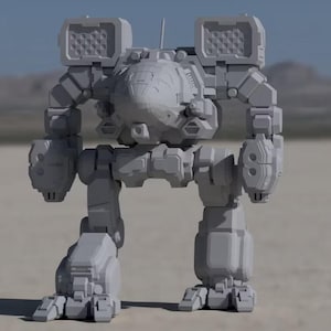 May include: A light gray bipedal mechanical robot figure featuring a rounded central cockpit, two large rectangular shoulder-mounted missile launchers with circular ports, and thick articulated legs with heavy foot plating and mechanical joints.