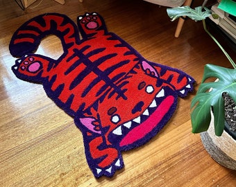 Tiger Cartoon Rug, Handmade tufted woollen rug, Maximalist Rug in orange and purple or blue