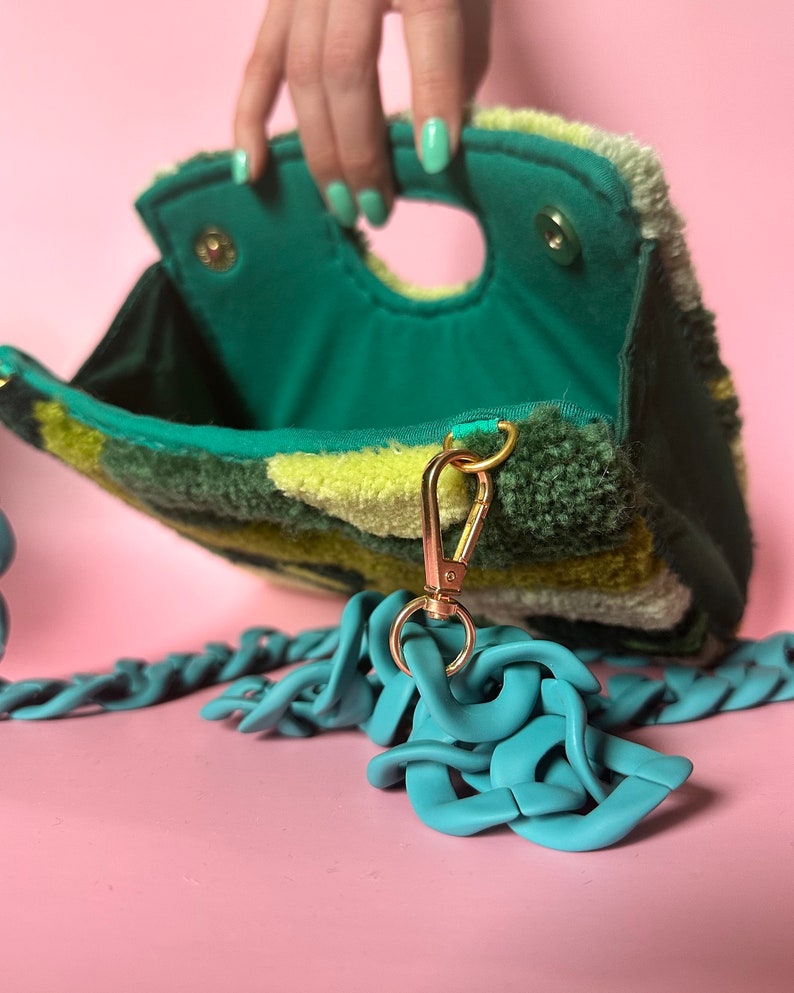 Tufted Handbag in Moss with teal acrylic chain strap green woollen bag maximalist fashion wearable art image 2