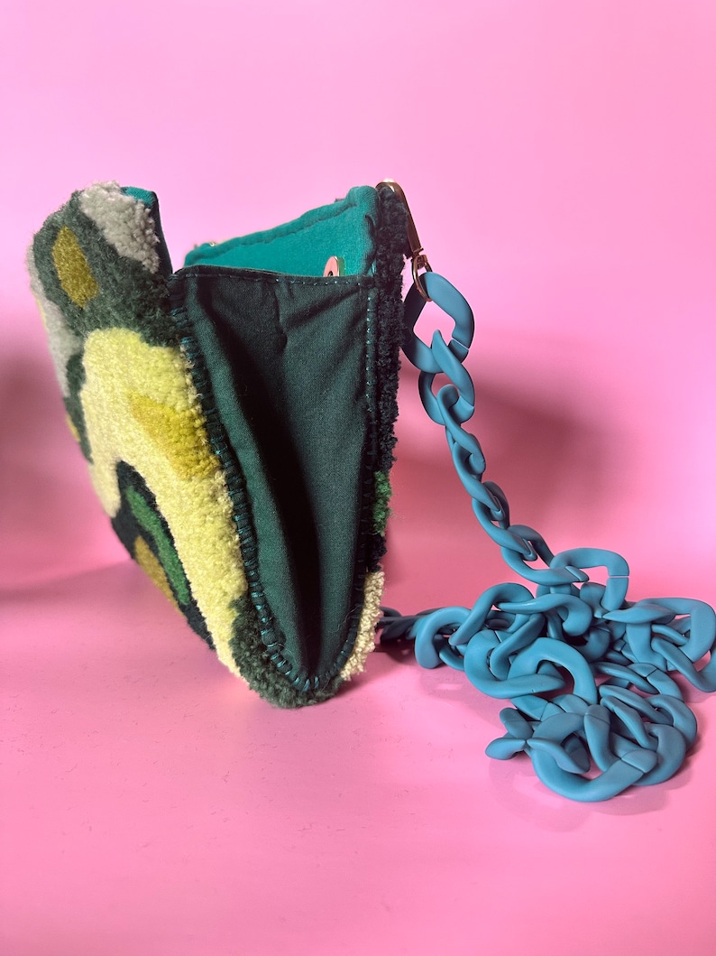 Tufted Handbag in Moss with teal acrylic chain strap green woollen bag maximalist fashion wearable art image 5