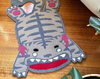 Tiger Cartoon Teppich | Handgemachter getufteter Wollteppich | Maximalist Teppich in silber und grau