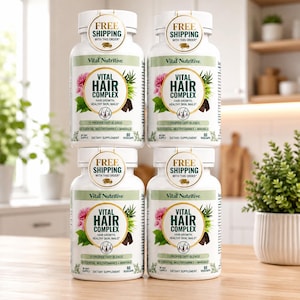 May include: Four white plastic bottles of Vital Hair Complex dietary supplement arranged in a two-by-two grid. Each bottle features a label with green text, a floral graphic, and a gold seal stating Free Shipping with this order. The labels indicate 60 vegecaps and a 30-day supply for hair growth, healthy skin, and nails.
