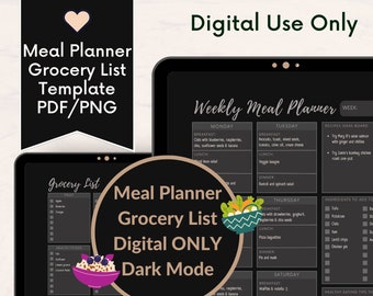 Dark Mode Digital Meal Planner | GoodNotes Template | Daily Meal Prep | Grey Black| Undated iPad | Weekly Plan | Grocery List Journal