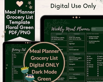 May include: A digital printable meal planner and grocery list template in a dark green floral design. The planner includes a weekly meal planner, a grocery list, and a recipes ideas board. The template is designed for digital use only.