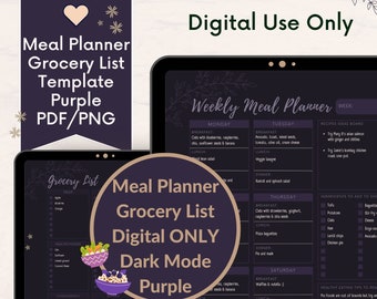 Planificador digital de comidas en modo oscuro / Plantilla GoodNotes / Preparación diaria de comidas / Púrpura floral / iPad sin fecha / Plan semanal / Diario de lista de compras