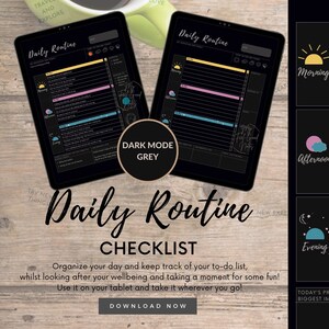 Può includere: Un planner digitale con uno sfondo grigio in modalità oscura. Il planner è intitolato "Checklist della routine quotidiana" e include sezioni per la mattina, il pomeriggio e la sera. Il planner è progettato per aiutare gli utenti a organizzare la loro giornata e tenere traccia del loro elenco di cose da fare.