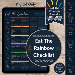 Eat The Rainbow Checklist Goodnotes | Donkere modus marineblauw | Tracker voor gezonde voeding | Maaltijdplanner-logboek | Dagelijks voedingsdagboek | Dagboek Voedingsschema