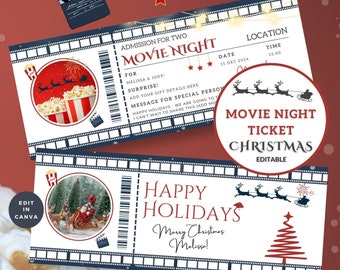 Modèle de billet de cinéma, cadeau des fêtes de Noël, toile modifiable, cadeau pour événement, Surprise, invitation à une fête, coupons imprimables, téléchargement immédiat