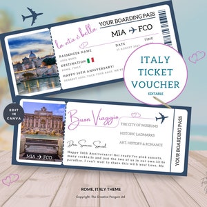 Carta d'imbarco per l'Italia, viaggio a sorpresa, biglietto aereo fai da te stampabile, carta di volo falsa Canva, vacanze a Roma, regalo per lei, matrimonio