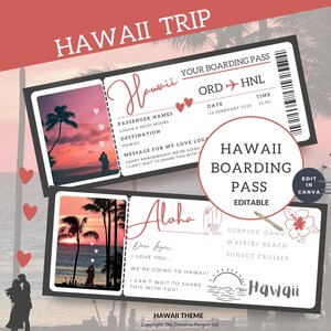 Trip Ticket to Hawaii, Surprise Boarding Pass Plane, Sunset Travel Printable, Editable Template, Valentine Gift, Vacation Flight Coupon