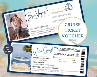 May include: Editable cruise ticket voucher with a blue and white color scheme. The voucher has a photo of a couple on a cruise ship and the text "Bon Voyage!" and "We're Going!"  The voucher also includes the text "Cruise Ticket Voucher" and "Your Boarding Pass".