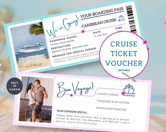 May include: A pink and blue printable cruise ticket voucher with a photo of a couple on a boat. The voucher says "Bon Voyage!" and includes details like "Luxury Cuisine", "Turquoise Blue Waters", and "White Sandy Beaches".