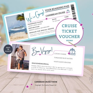 Biglietto crociera PDF, modello di buono vacanza di San Valentino stampabile personalizzato, coupon a sorpresa per la carta d'imbarco di viaggio, modificabile da Canva