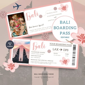 Boarding Pass Gift Bali, Travel Ticket PDF Printable, Personalized Vacation Voucher Template, Flight Surprise Coupon, Canva Editable