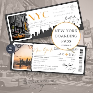 Billet de voyage à New York, carte d'embarquement pour New York, voyage PDF imprimable, modèle surprise de vacances personnalisé, coupon de vol cadeau, éditable sur toile