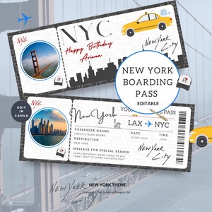 Biglietto aereo New York stampabile, regalo di compleanno per la carta d'imbarco, modello di vacanza a sorpresa, viaggio a New York, testo modificabile personalizzato Canva