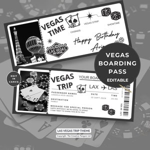 Las Vegas Ticket Template, Printable Trip Boarding Pass, Surprise Vacation, Editable Text, Gift Flight Coupon, Canva Instant Download