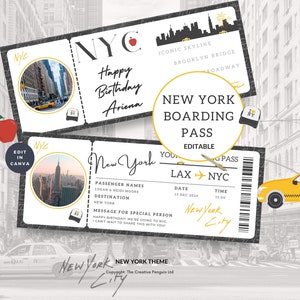 New York Boarding Pass, NYC Trip Ticket, Fake Plane Travel Gift Printable, Birthday Vacation Surprise Template, Big Apple, Canva Editable