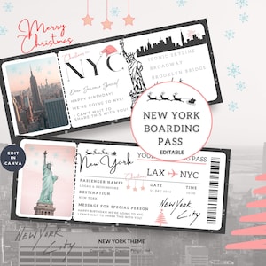 Entradas para la ciudad de Nueva York, tarjeta de embarque navideña para la ciudad de Nueva York, vuelo imprimible, regalo de cumpleaños, plantilla de vacaciones sorpresa, Canva editable