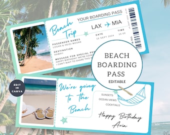 Billete de viaje a la playa, tarjeta de embarque imprimible, vacaciones sorpresa, plantilla personalizada tropical, regalo de vuelo de viaje, texto editable en Canva