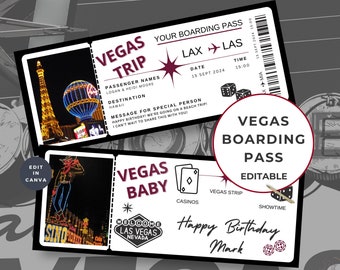 Bilet na wycieczkę do Las Vegas, Niespodziewana karta pokładowa na wakacje, Edytowalny Canva, Szablon linii lotniczych do wydrukowania, Spersonalizowany prezent, Ujawnienie lotu