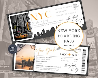Boleto de viaje a Nueva York, tarjeta de embarque a Nueva York, PDF de viaje imprimible, plantilla sorpresa de vacaciones personalizada, cupón de vuelo de regalo, Canva editable