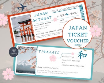 May include: A printable Japan themed ticket voucher featuring a red and white Japanese gate and a mountain with cherry blossoms. The text reads "Japan Retreat" and "Japan Ticket Voucher".