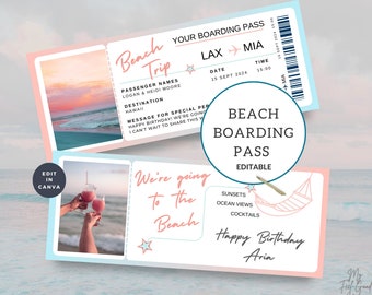Beach Vacation Ticket, Surprise Trip, Printable Boarding Pass, Vacation Tropical Template, Travel Flight Gift Reveal, Canva Editable Text