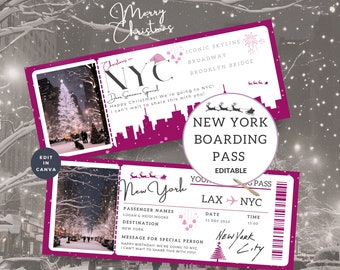 NYC Trip Ticket, Christmas in New York, Surprise City Boarding Pass Template, Travel Printable, Personalized Holiday Reveal, Canva Editable