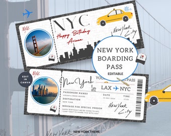 Billete de avión de Nueva York imprimible, tarjeta de embarque de regalo de cumpleaños, plantilla de vacaciones sorpresa, viaje a Nueva York, texto editable personalizado de Canva