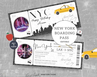 New York Plane Ticket, Birthday Gift Printable, Surprise Vacation Template, Travel Boarding Pass, NYC Trip, Personalized Canva Editable
