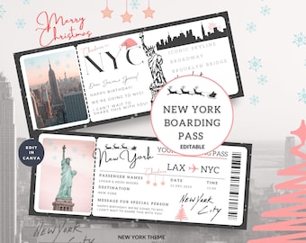 Entradas para la ciudad de Nueva York, tarjeta de embarque navideña para la ciudad de Nueva York, vuelo imprimible, regalo de cumpleaños, plantilla de vacaciones sorpresa, Canva editable