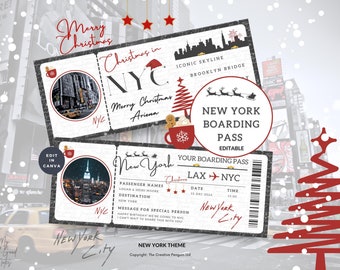 May include: A printable New York City Christmas boarding pass template with a red and white Christmas tree, a gingerbread man, and a cup of hot chocolate. The text on the boarding pass says "Merry Christmas in NYC" and "New York Boarding Pass".