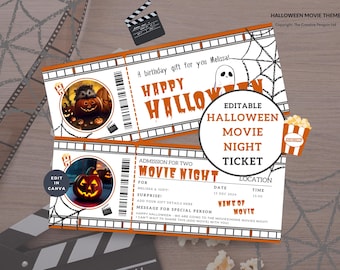Halloween Kinokarte, Familienfeier druckbare, bearbeitbare Vorlage, Bordkarte Sofort-Download, Canva Geschenkgutschein, Überraschung Geburtstag