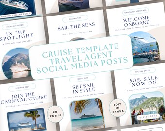 Travel Agent Social Media Posts Bundle Template, Cruise Flyer Posts Content, Editable Canva, Blogger IG Marketing, Ocean Blue, Vacation Sail