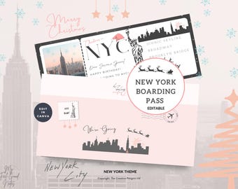 New York City Tickets, Christmas NYC Boarding Pass, Travel Flight Printable, Birthday Gift, Surprise Vacation Template, Canva Editable