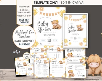 Highland Cow Baby Shower Einladung Bundle, online bearbeitbare Vorlagen, Boho Holy Cow Invite, Ranch Gender Neutral Farm 10 Spiele, lustiges Geschenk