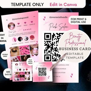 Photos QR Code Business Card, Beauty Pink Canva Template, Influencer, Hair, Lash, Make-up artist DIY Design, Instant Digital Download